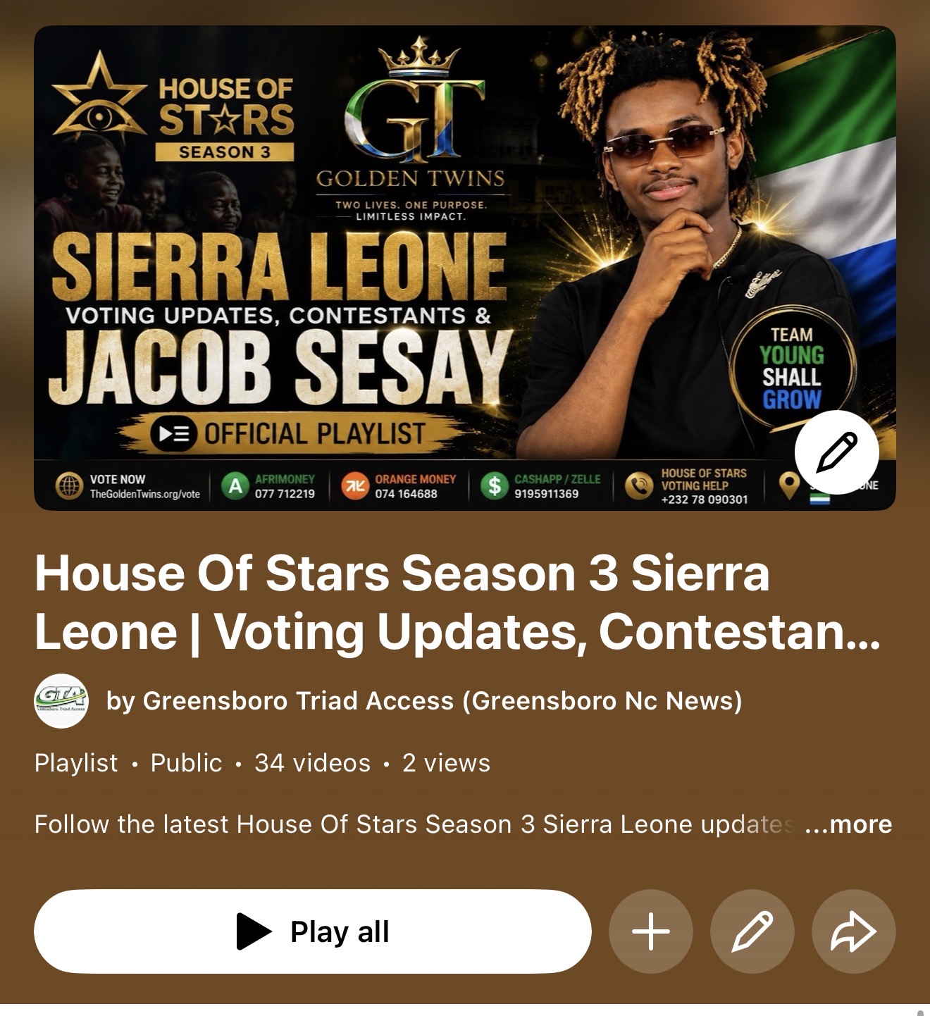 House of Stars Season 3 Sierra Leone official YouTube playlist cover featuring Jacob Sesay and Golden Twins voting info