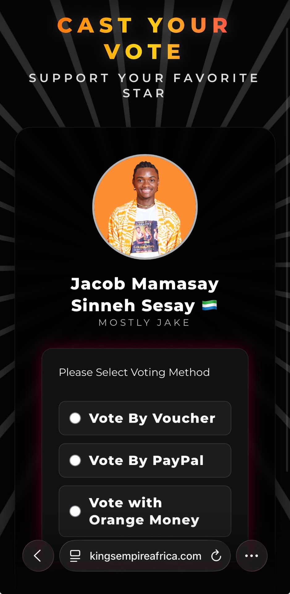 Kings Empire Africa voting card showing Jacob Mamasay Sinneh Sesay and voting methods